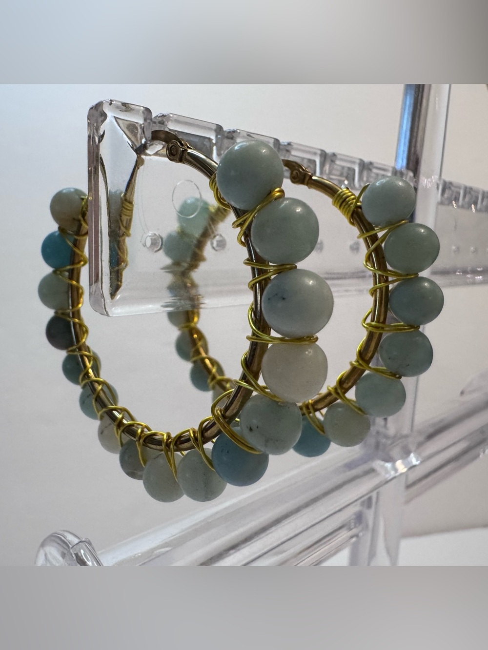 Handcrafted Gold Wire Hoop Earrings with Light Blue Beads